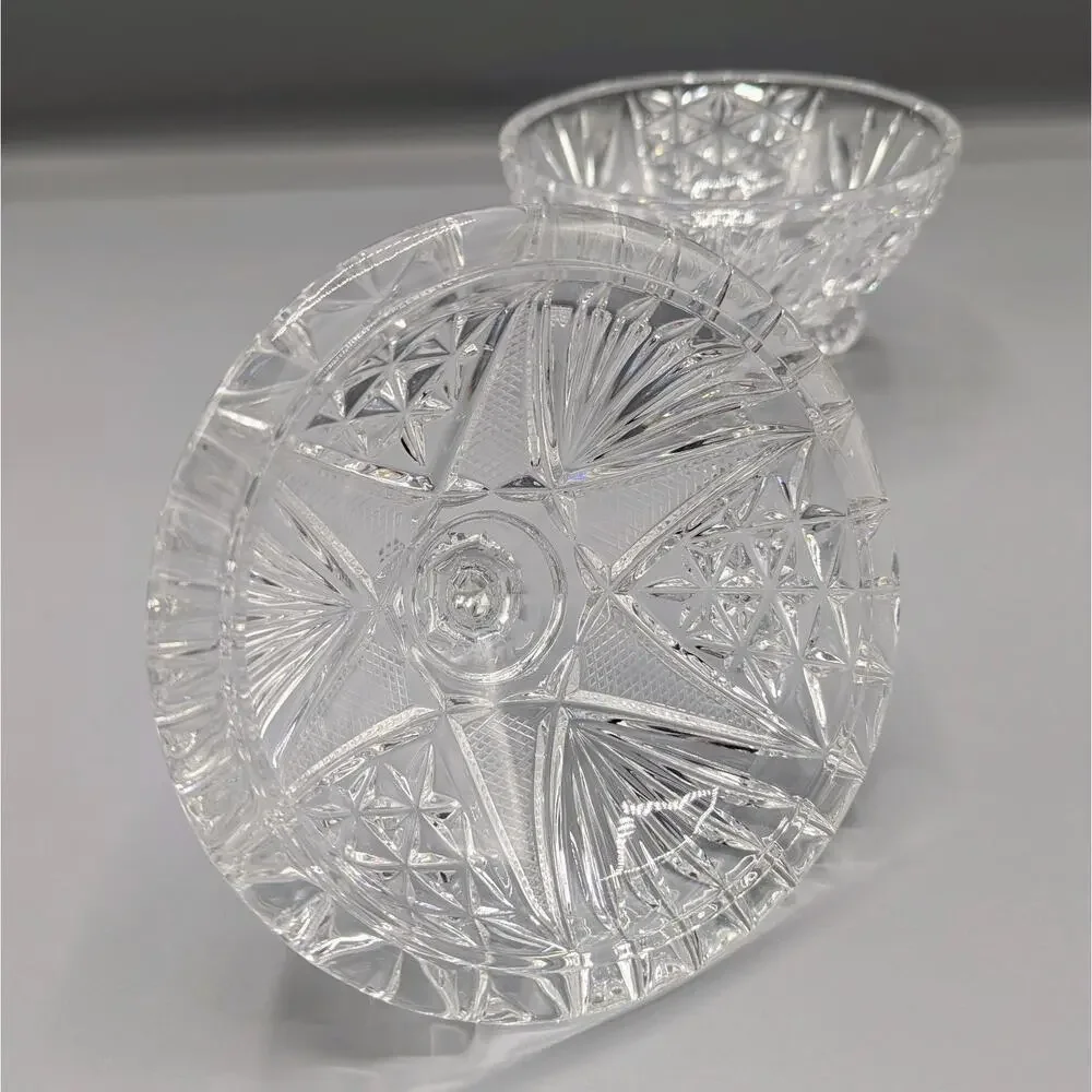 Vintage Cut Crystal Covered Candy Dish 3 Footed Lidded Bowl Pinwheel Starburst